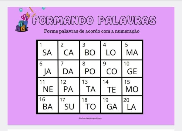 Formando palavras tabela (1 a 20)